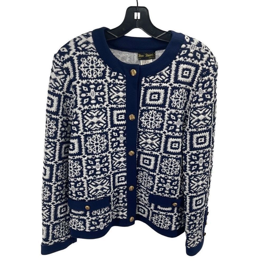 Alan Stuart Women's Blazer Jacket Button Up Vintage Knit Quilted Blue Size 12